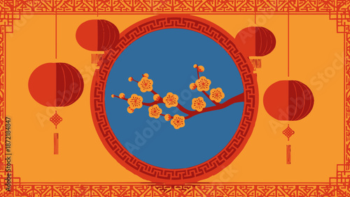 Chinese New Year Orange Background with Lanterns, Plum Blossoms in Blue Circle, and Traditional Patterns.