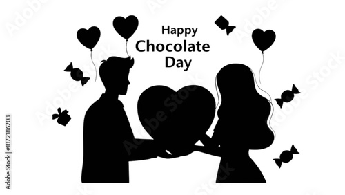 A loving couple celebrates happy chocolate day exchanging a heart in a festive silhouette illustration