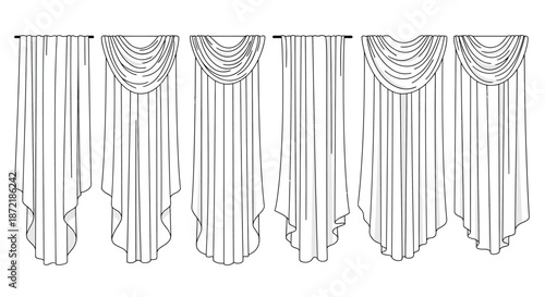 Various curtain styles drawn in line art