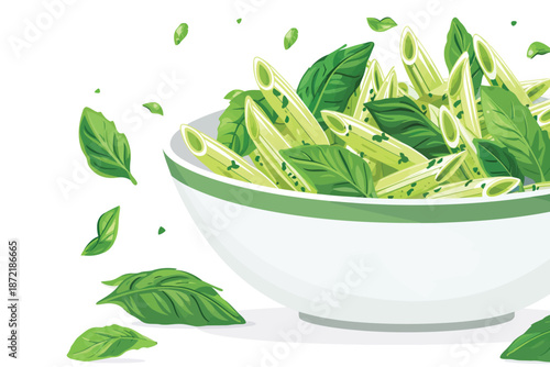 Penne Pasta with Fresh Basil Pesto Sauce isolated illustration