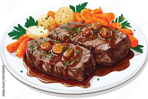 raditional German Sauerbraten with Tender Marinated B isolated illustration