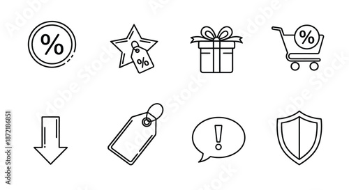 Various shopping icons representing discounts and purchases