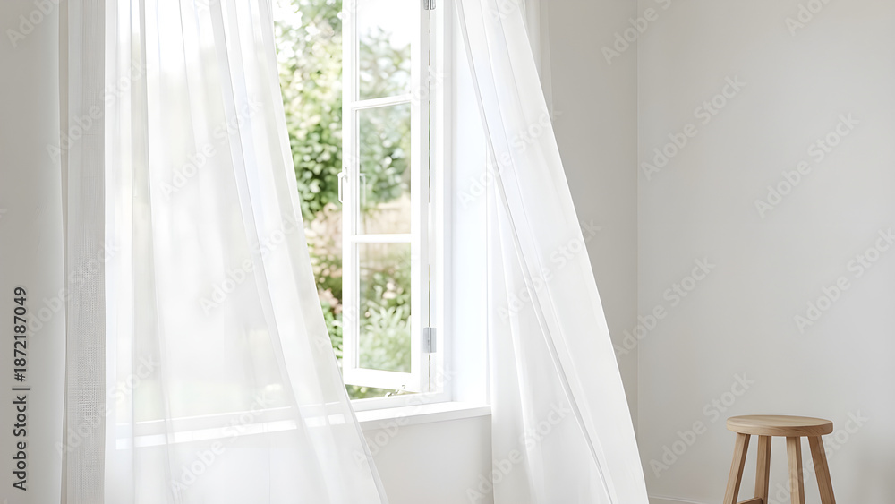 Fototapeta premium March Concept: Open window with white curtains blowing in breeze,...