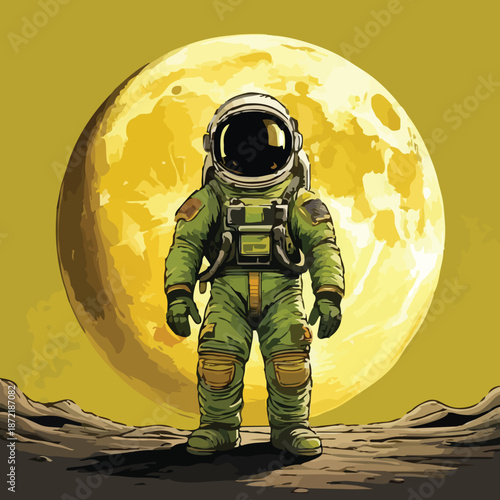 Astronaut in Green Suit Standing on Lunar Surface.