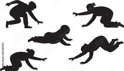 Silhouette of woman in various crawling positions isolated
