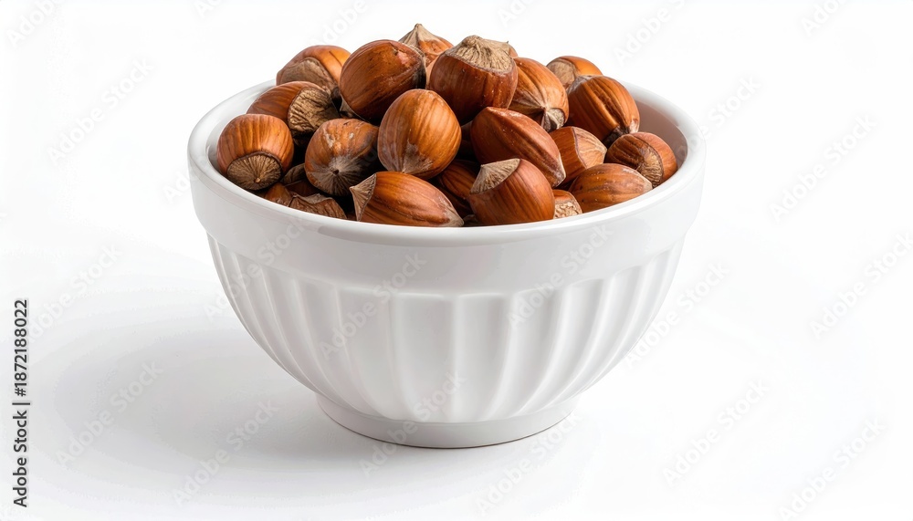 Obraz premium Hazelnuts in a Bowl Close-up of brown nuts in white ceramic container on white background.