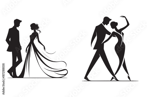 Elegant silhouettes of a loving couple and dynamic dancers celebrating romance