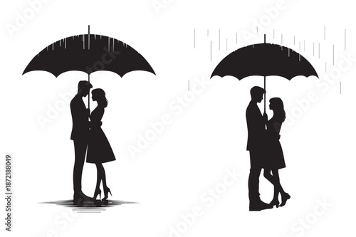 Romantic silhouettes of a loving couple sharing an umbrella during both calm and rainy moments