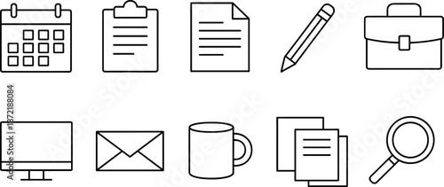 Office and work icons set. Documents, stationery, planning, productivity and business workspace outline symbols