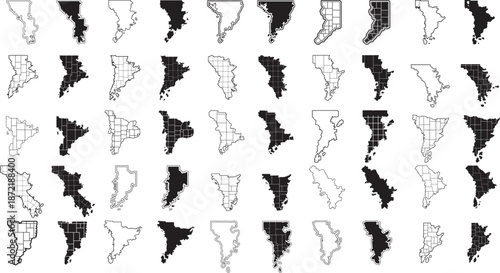 Collection of various map silhouettes and grid maps on white background  geographic illustrations