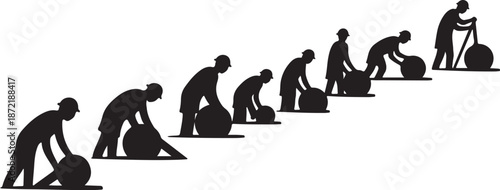 Man pushing a boulder up a steep hill steps