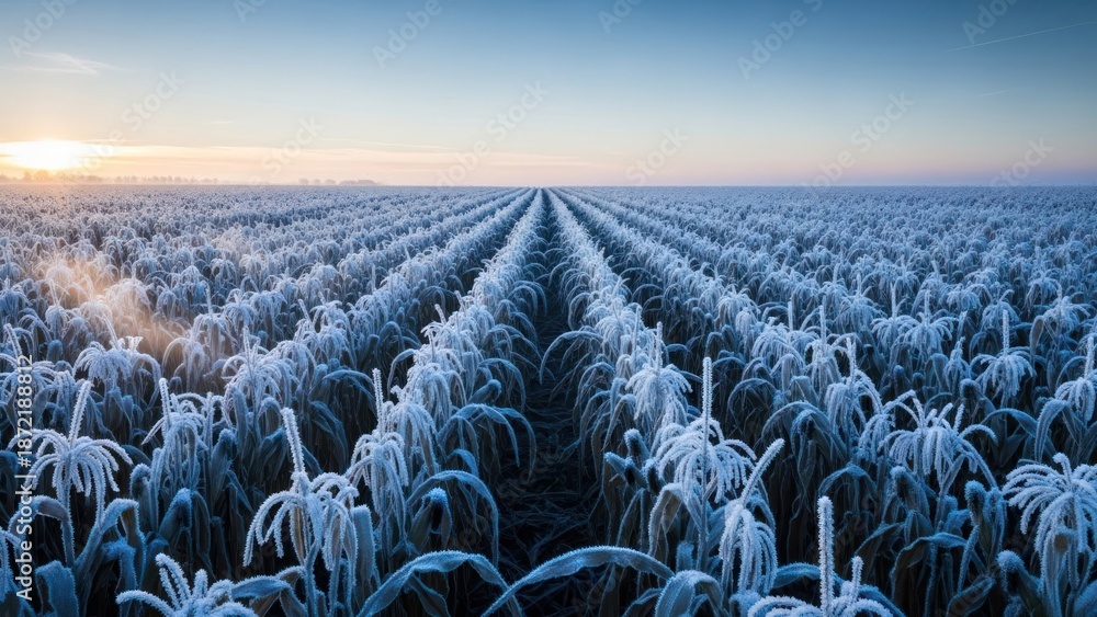 Obraz premium Frozen agricultural field at sunrise with frosty crops