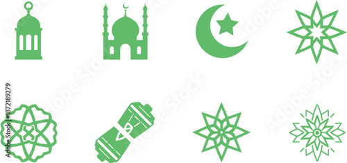 Green Islamic Icons Featuring Lantern Mosque Crescent Moon and Geometric Designs Keywords: Islamic icon, lantern, mosque, crescent moon, star, geometric pattern, Islamic art, religious symbol