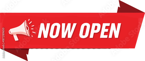 Red Ribbon Banner with Megaphone Icon and NOWOPEN Text Isolated on White Background now open