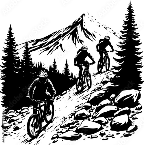 Mountain Bike Adventure Silhouette in Forest Trail