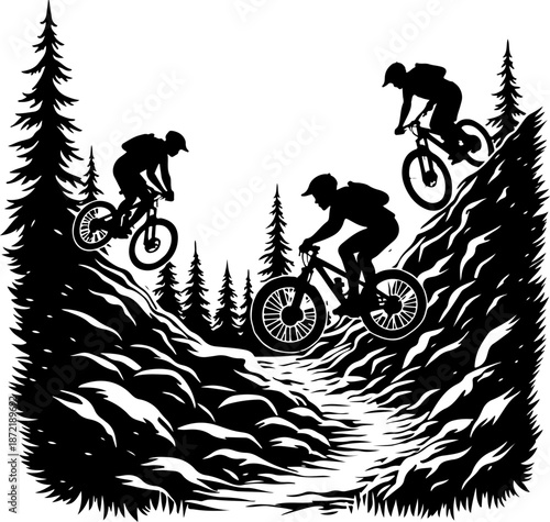 Mountain Bike Adventure Silhouette in Forest Trail