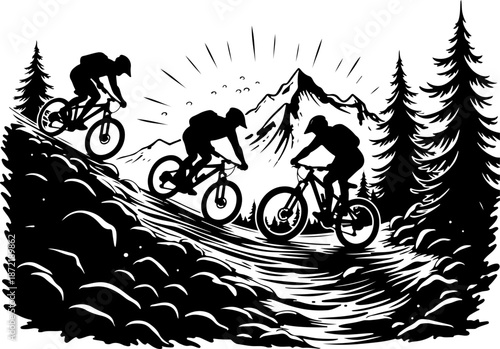 Mountain Bike Adventure Silhouette in Forest Trail