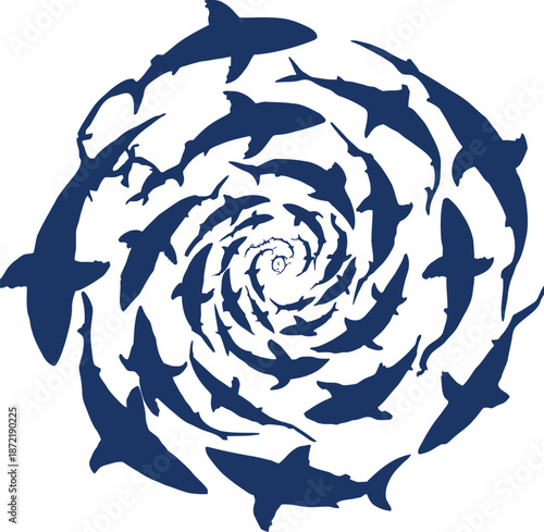 Swirling vortex of dark blue shark silhouettes against a white background sharks spiral