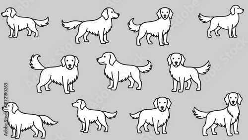 A collection of simple line art illustrations depicting various Golden Retriever dogs in different poses on a plain grey background.