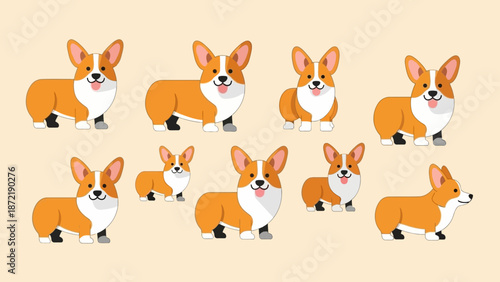 Collection of cute cartoon Pembroke Welsh Corgi dogs in various poses on a light beige background, showcasing their playful and friendly nature.