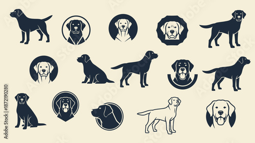 A collection of various Labrador Retriever dog silhouettes, icons, and headshot illustrations in black and white.