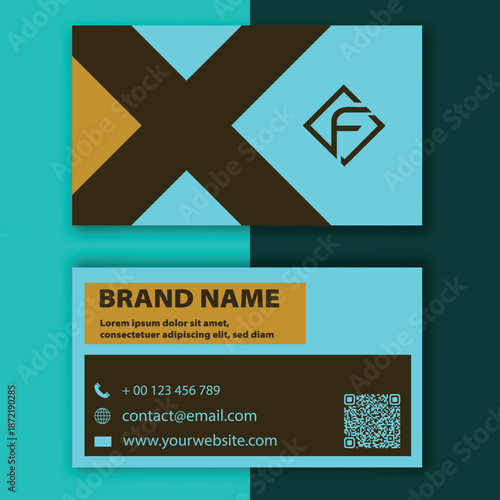Modern geometric business card template featuring turquoise and gold color scheme with bold abstract shapes. Clean professional vector design suitable for corporate branding, creative agencies, startu