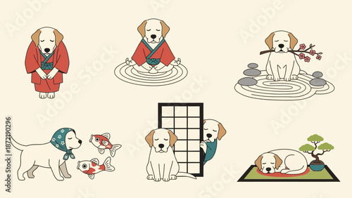 Adorable dog illustrations in Japanese cultural settings, featuring dogs in kimonos, meditating, with koi fish, shoji screens, and bonsai trees.