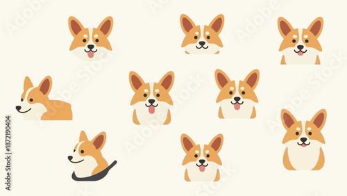 Cute cartoon corgi dog faces and busts in various poses on a light background, showcasing their adorable expressions and characteristic features.
