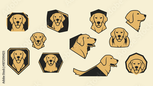 A collection of stylized golden retriever dog illustrations in various poses and geometric frames, featuring beige and black colors.