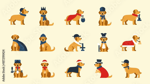 Collection of cartoon golden retriever dogs dressed in various costumes and accessories, including festive, formal, and casual outfits.