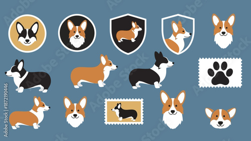 A collection of cute cartoon Corgi dog illustrations in various poses, colors, and styles, including full body, headshots, and stylized emblems on a blue background.