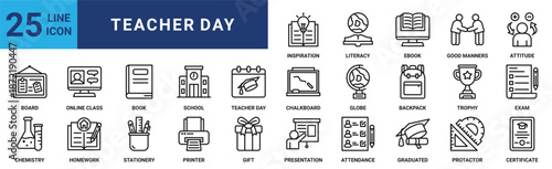 Teacher day icon set. Containing board, online class, book, school, chalkboard, globe, backpack and more. Outline vector icons collection