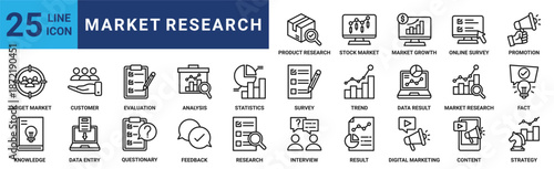 Market research icon set. Containing target, customer, evaluation, analysis, statistics, survey, data result and more. Outline vector icons collection