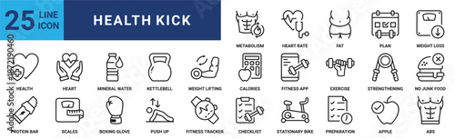 Health kick icon set. Containing heart, water, kettlebell, calories, lifting, strengthening, exercise and more. Outline vector icons collection