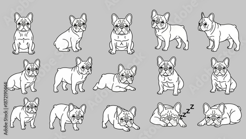 Set of line art illustrations depicting various poses of French Bulldogs on a solid grey background, showcasing different actions and expressions.