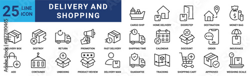 Delivery and Shopping icon set. Containing destroy, return, promotion, fast, shipping, calendar, discount and more. Outline vector icons collection