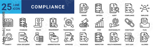 Compliance icon set. Containing rules, responsibility, policy, requirement, law, transparency, step and more. Outline vector icons collection