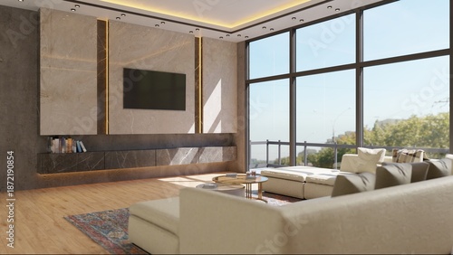 A bright modern living room features a beige sectional sofa, a marble TV wall, and large windows with a nature view, created using Blender software.