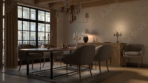A classic dining room features a wooden table, upholstered chairs, and a chandelier near a large grid window with curtains, created using Blender software.