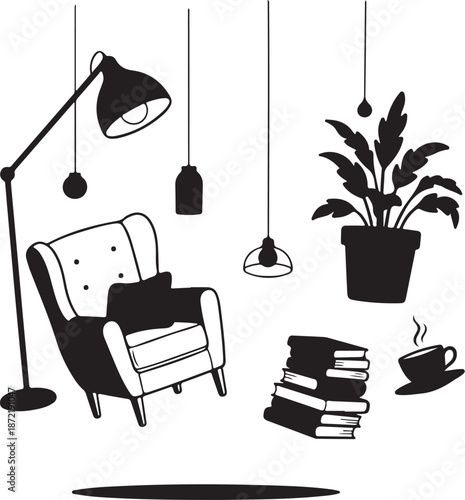 Cozy reading nook with chair and books at home