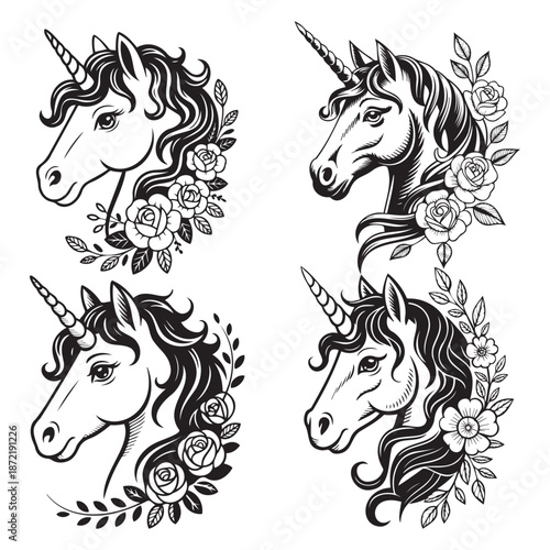Floral Unicorn Head Vector Illustrations for Tattoo and Coloring