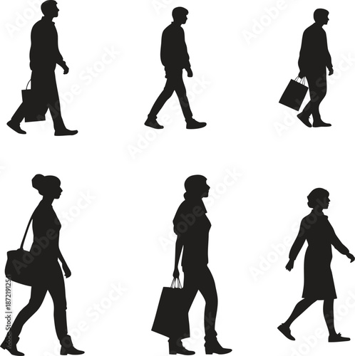 Vector silhouettes of business people and men and women walking shopping dancing and moving in stylish black outlines