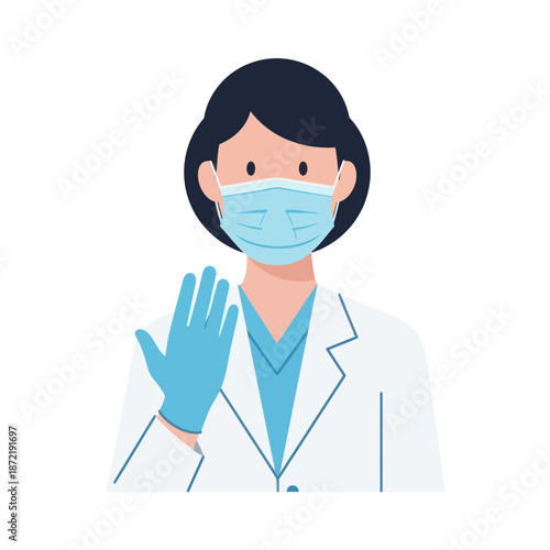 Female doctor wearing protective medical mask and gloves.