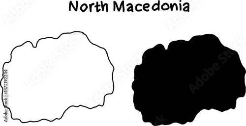 Vector map of North Macedonia showing outline and solid silhouette versions side by side. Minimal black and white geographic country illustration.