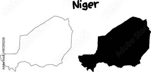 Vector map of Niger showing outline and solid silhouette versions side by side. Minimal black and white geographic country illustration.