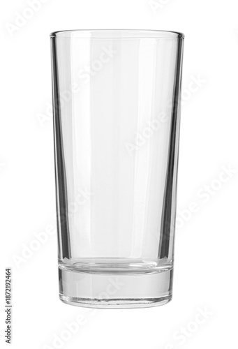 Empty clear glass highball tumbler on white background