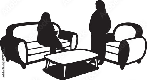 Silhouette of couple in living room setting talking