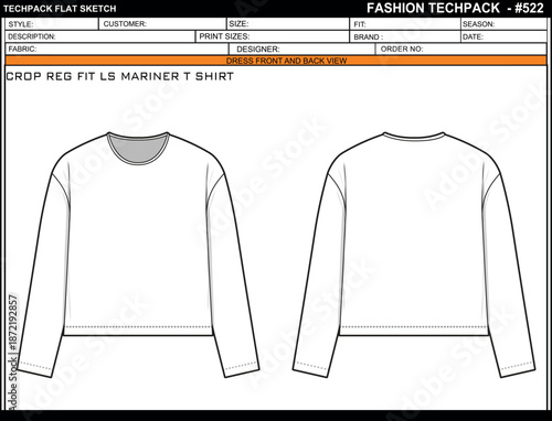 CROP REG FIT LS MARINER T SHIRT EASY EDITABLE EMPTY TECHPACK LAYOUT TEMPLATE DESIGN