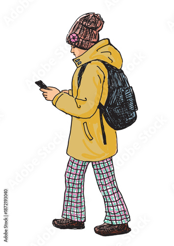 One casual school girl in yellow jacket with backpack walking outdoors, looking at smartphone, profile view, hand drawn vector illustration