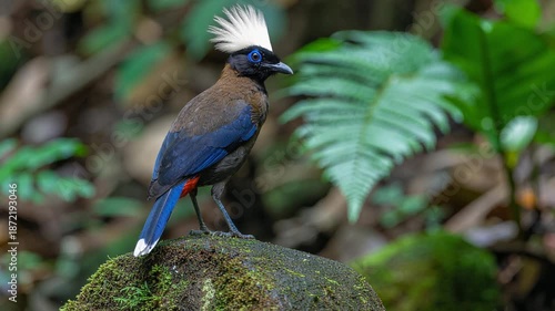 A majestic Jalak Bali standing tall on a mossy stone, evoking all the feels in a lush forest, captured in a low-angle realistic portrait
